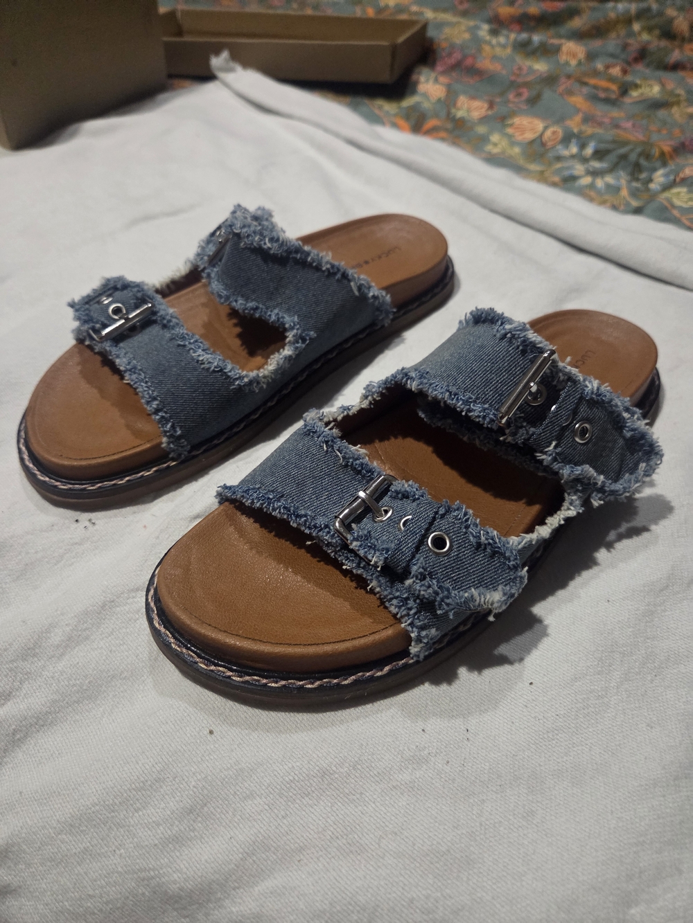 Lucky Brand Denim Blue Frayed Double-Strap Slide Sandals